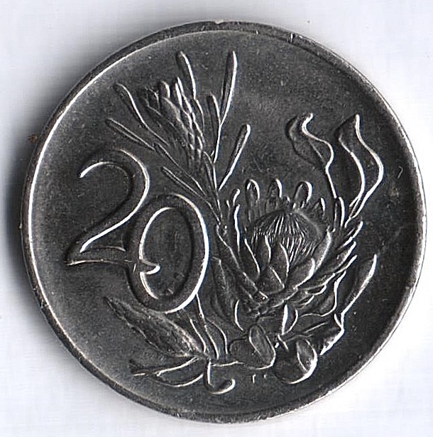 Монета 20 центов. 1990 год, ЮАР.
