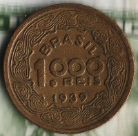 Монета 1000 рейсов. 1939 год, Бразилия.