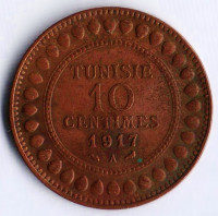 Монета 10 сантимов. 1917(A) год, Тунис (протекторат Франции).