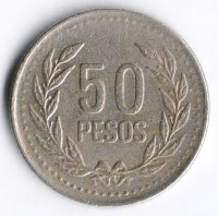 Монета 50 песо. 2004 год, Колумбия.