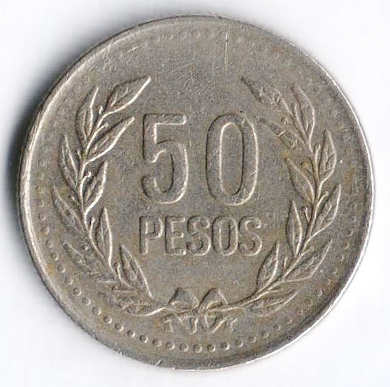 Монета 50 песо. 2004 год, Колумбия.