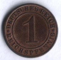 Монета 1 рейхспфенниг. 1924 год (J), Веймарская республика.