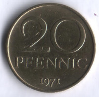 Монета 20 пфеннигов. 1971 год, ГДР.