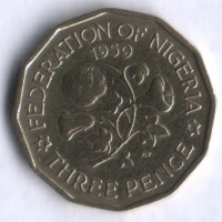 Монета 3 пенса. 1959 год, Нигерия (колония Великобритании).
