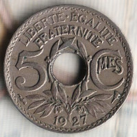 Монета 5 сантимов. 1927 год, Франция.