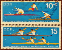 Набор почтовых марок (2 шт.). "Гребля на байдарках и каноэ". 1966 год, ГДР.