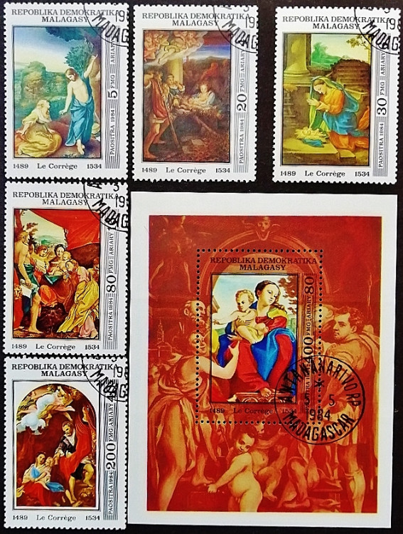 Набор почтовых марок (5 шт.) с блоком. "450 лет со дня смерти Корреджо". 1984 год, Мадагаскар.