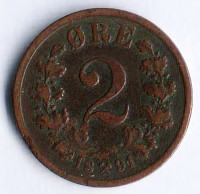 Монета 2 эре. 1891 год, Норвегия.