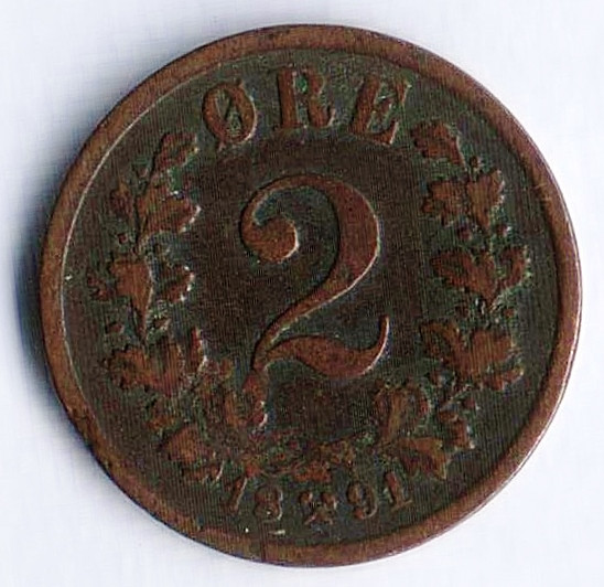 Монета 2 эре. 1891 год, Норвегия.