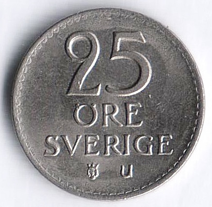Монета 25 эре. 1969(U) год, Швеция.