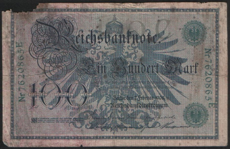 Бона 100 марок. 1908 год "Е", Германская империя.