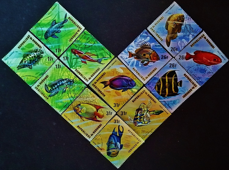 Набор почтовых марок (12 шт.). "Рыбы (III)". 1974 год, Бурунди.