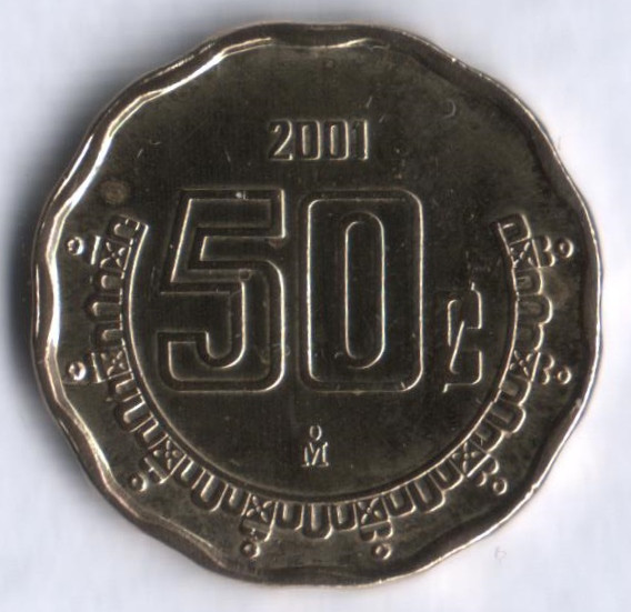 Монета 50 сентаво. 2001 год, Мексика.