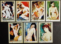 Набор почтовых марок (7 шт.) с блоком. "Картины обнажённой натуры европейских мастеров". 1973 год, Экваториальная Гвинея.