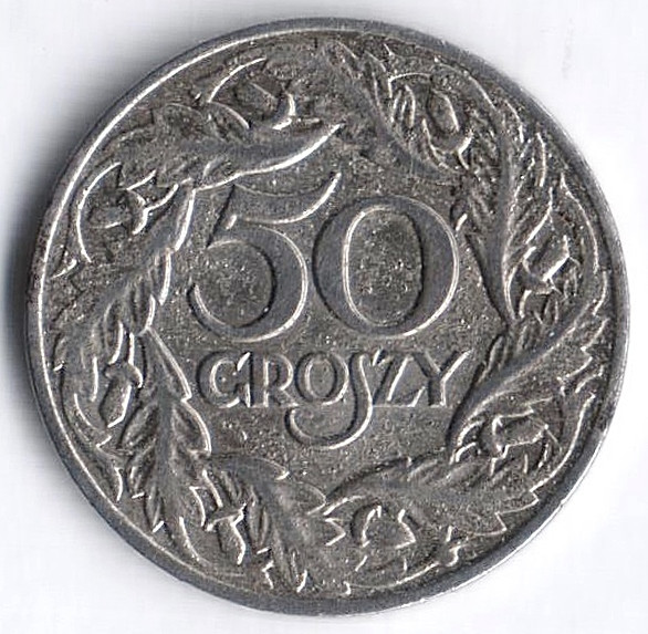 Монета 50 грошей. 1938 год, Польша. Тип I.