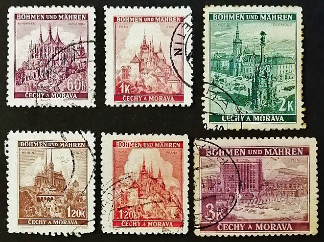Набор почтовых марок (6 шт.). "Городские пейзажи". 1939-1942 годы, Богемия и Моравия.