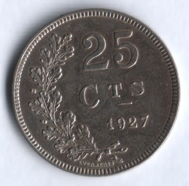 Монета 25 сантимов. 1927 год, Люксембург.