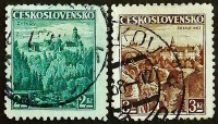 Набор почтовых марок (2 шт.). "Замки, пейзажи и города". 1936 год, Чехословакия.