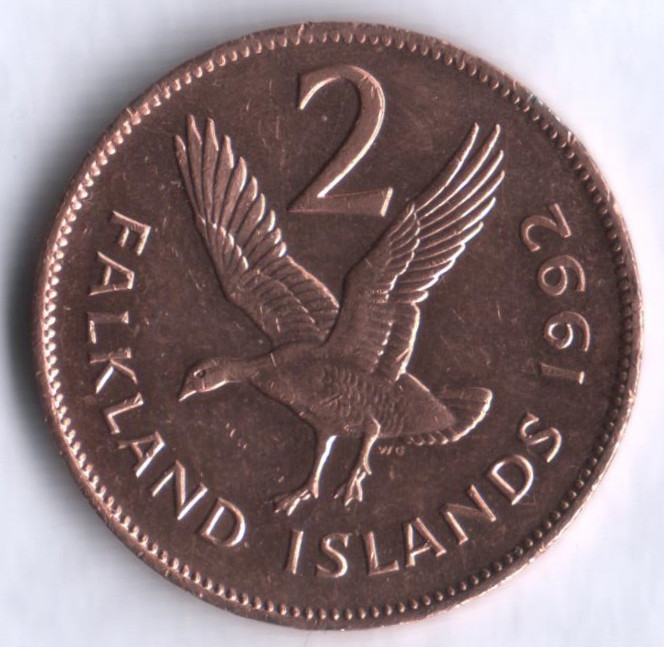 Монета 2 пенса. 1992 год, Фолклендские острова.