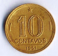 Монета 10 сентаво. 1951 год, Бразилия.
