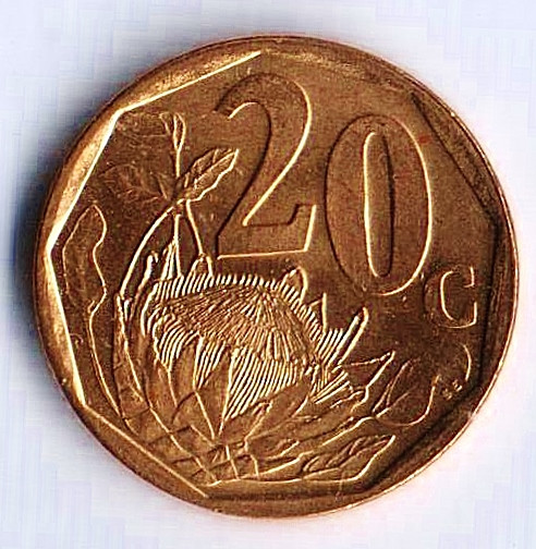 Монета 20 центов. 2000 год, ЮАР. AFERIKA BORWA.