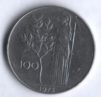 Монета 100 лир. 1973 год, Италия.