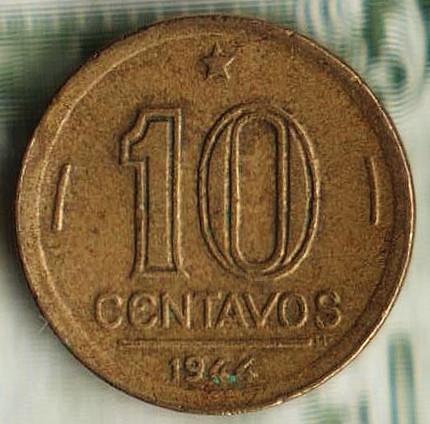 Монета 10 сентаво. 1944 год, Бразилия. Тип 1 (с инициалами минцмейстера).