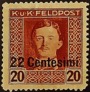 Марка почтовая (22 c.). "Император Карл I". 1918 год, Италия (Австро-Венгерская оккупация в ПМВ).