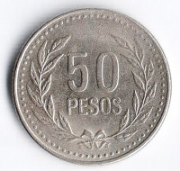 Монета 50 песо. 2005 год, Колумбия.