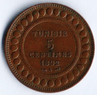Монета 5 сантимов. 1892(A) год, Тунис (протекторат Франции).