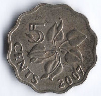 Монета 5 центов. 2007 год, Свазиленд.