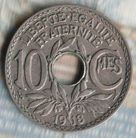Монета 10 сантимов. 1918 год, Франция.