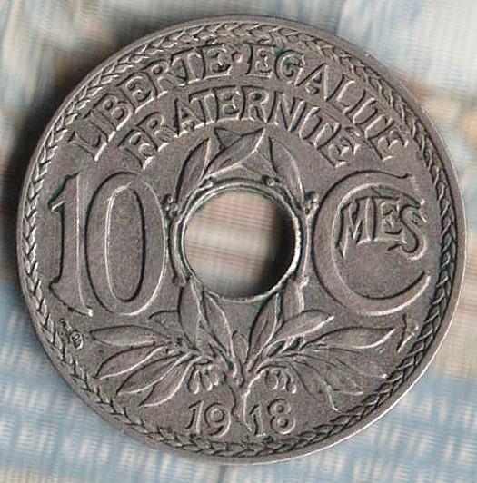 Монета 10 сантимов. 1918 год, Франция.