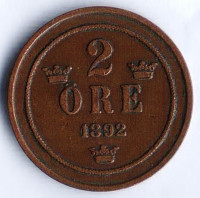 Монета 2 эре. 1892 год, Швеция.