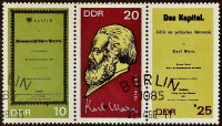 Набор почтовых марок в сцепке (3 шт.). "150 лет со дня рождения Карла Маркса". 1968 год, ГДР.