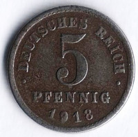 Монета 5 пфеннигов. 1918 год (J), Германская империя.