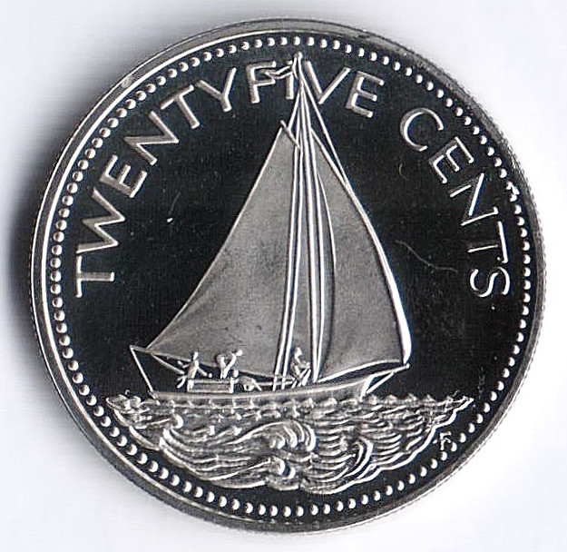 Монета 25 центов. 1975 год, Багамские острова.