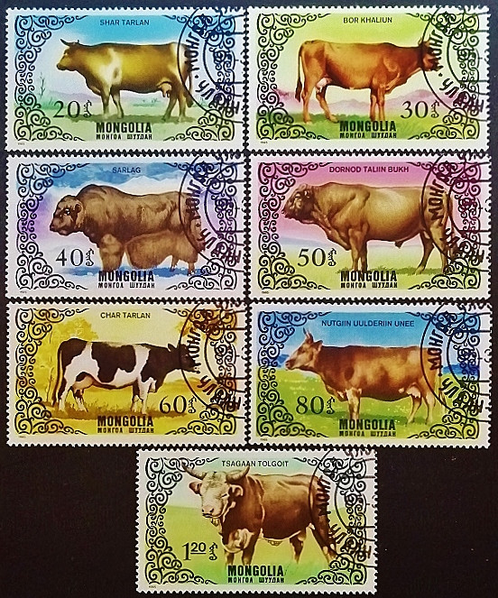 Набор почтовых марок (7 шт.). "Крупнорогатый скот". 1985 год, Монголия.