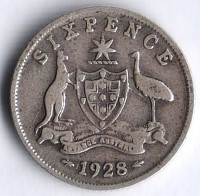 Монета 6 пенсов. 1928(m) год, Австралия.