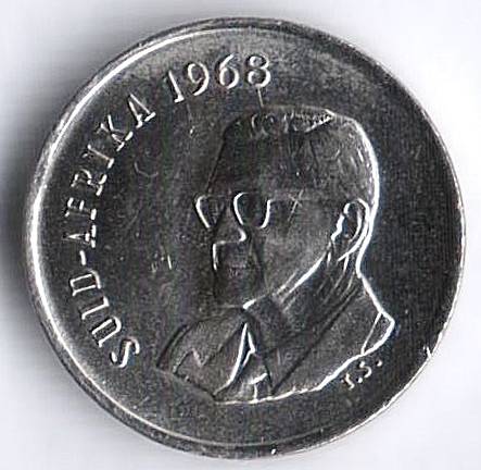 Монета 5 центов. 1968 год, ЮАР (Suid-Afrika).