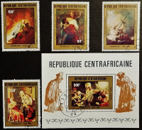 Набор почтовых марок (4 шт.) с блоком. "Картины Рембрандта ван Рейна". 1981 год, Центрально-Африканская Республика.