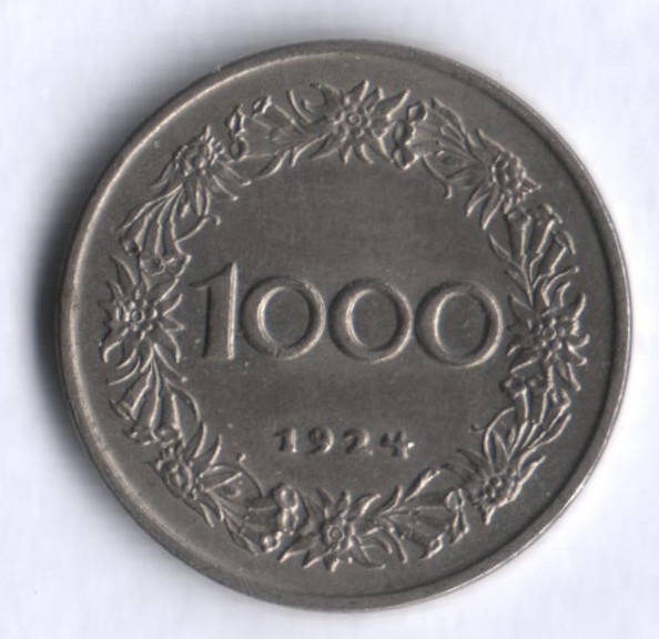 Монета 1000 крон. 1924 год, Австрия.