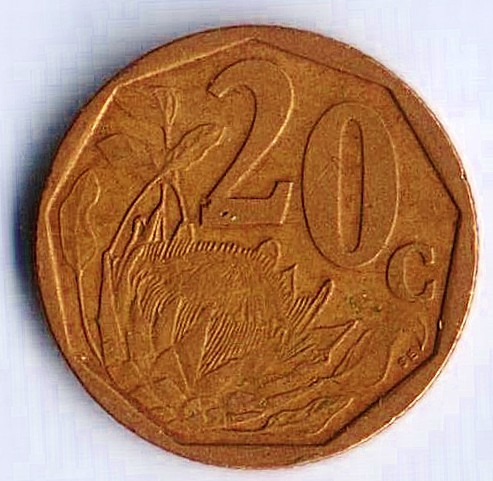 Монета 20 центов. 2001 год, ЮАР. AFERIKA BORWA.