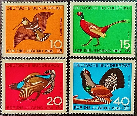 Набор марок (4 шт.). "Промысловые птицы". 1965 год, ФРГ.