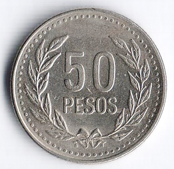 Монета 50 песо. 2006 год, Колумбия.