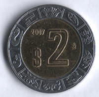 Монета 2 песо. 2007 год, Мексика.