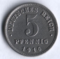 Монета 5 пфеннигов. 1916 год (F), Германская империя.