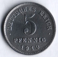 Монета 5 пфеннигов. 1919 год (E), Германская империя.