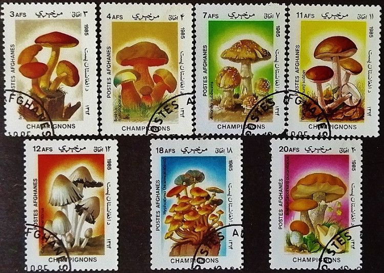 Набор почтовых марок (7 шт.). "Грибы". 1985 год, Афганистан.
