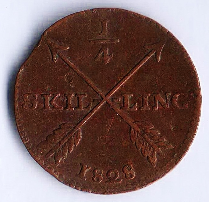 Монета 1/4 скиллинга. 1828 год, Швеция.